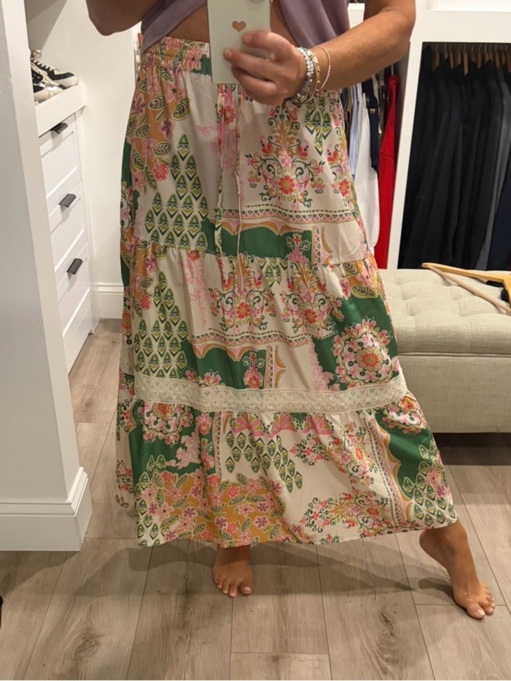 Cupio Green and Pink Patchwork Floral Maxi Skirt